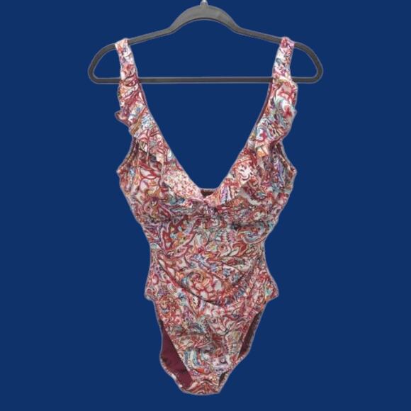 NEW Slimming Lauren Ralph Lauren One Piece Sz 14 Women's Swimsuit Paisley Ruffle - Picture 10 of 11